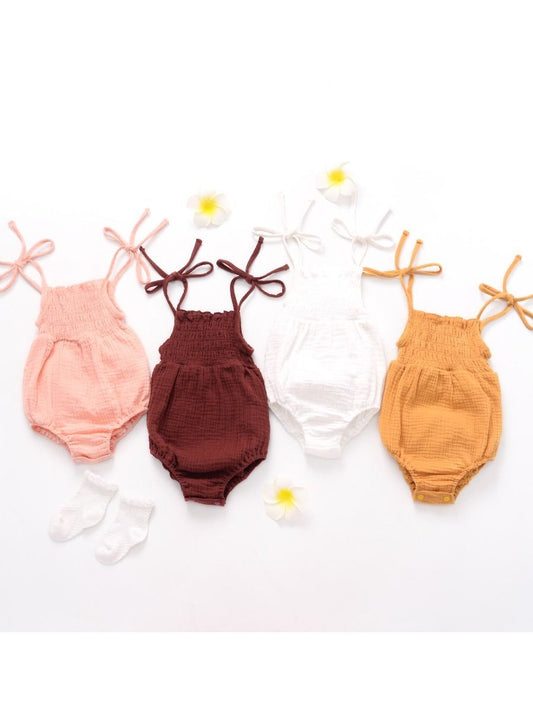 Solid Color Tie Muslin Baby Romper Playsuit - dianjiang-