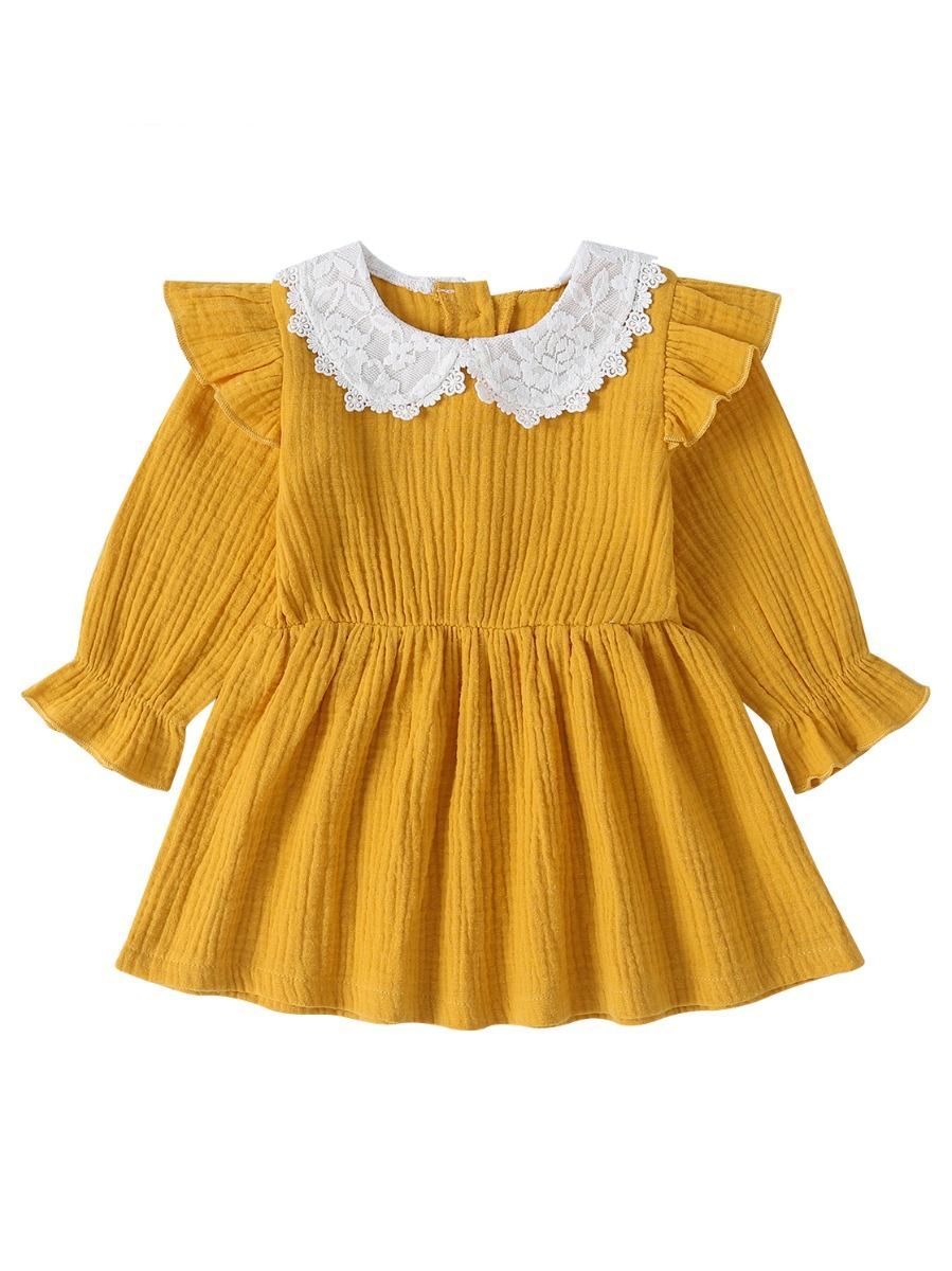Solid Color Flower Trim Collar Muslin Baby Dress - dianjiang-