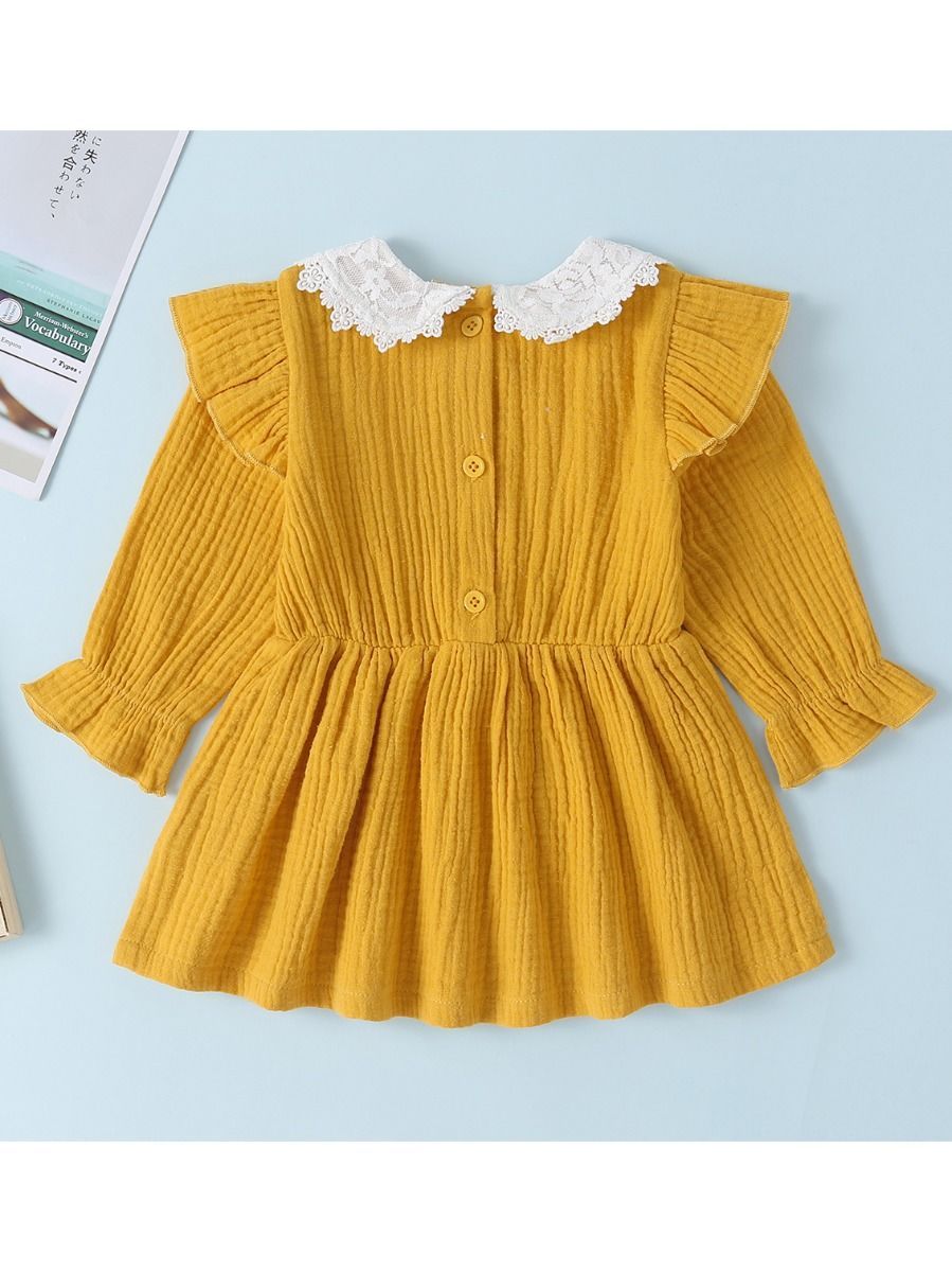 Solid Color Flower Trim Collar Muslin Baby Dress - dianjiang-