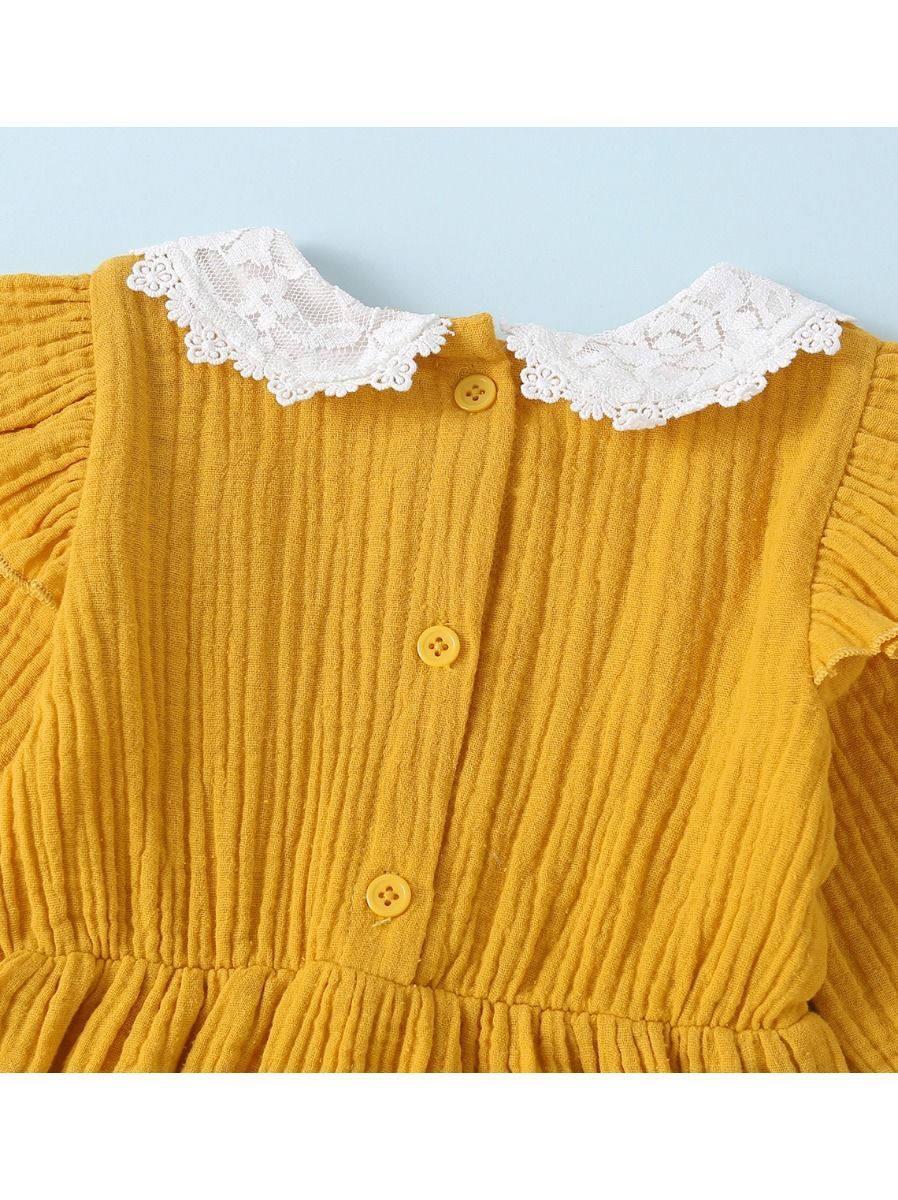 Solid Color Flower Trim Collar Muslin Baby Dress - dianjiang-