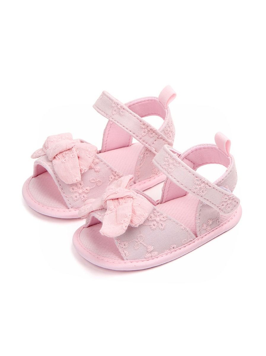 Solid Color Bow Trim Baby Girls Sandals Pink/White - dianjiang-
