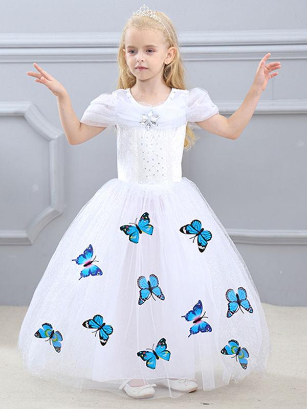 Solid Color Beaded Fluffy Butterfly Decorated Girls Princess Dress - dianjiang-