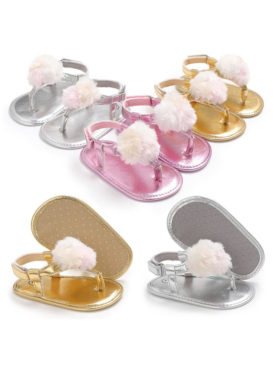 Pom Trim Solid Color Sandal For Baby Girls - dianjiang-