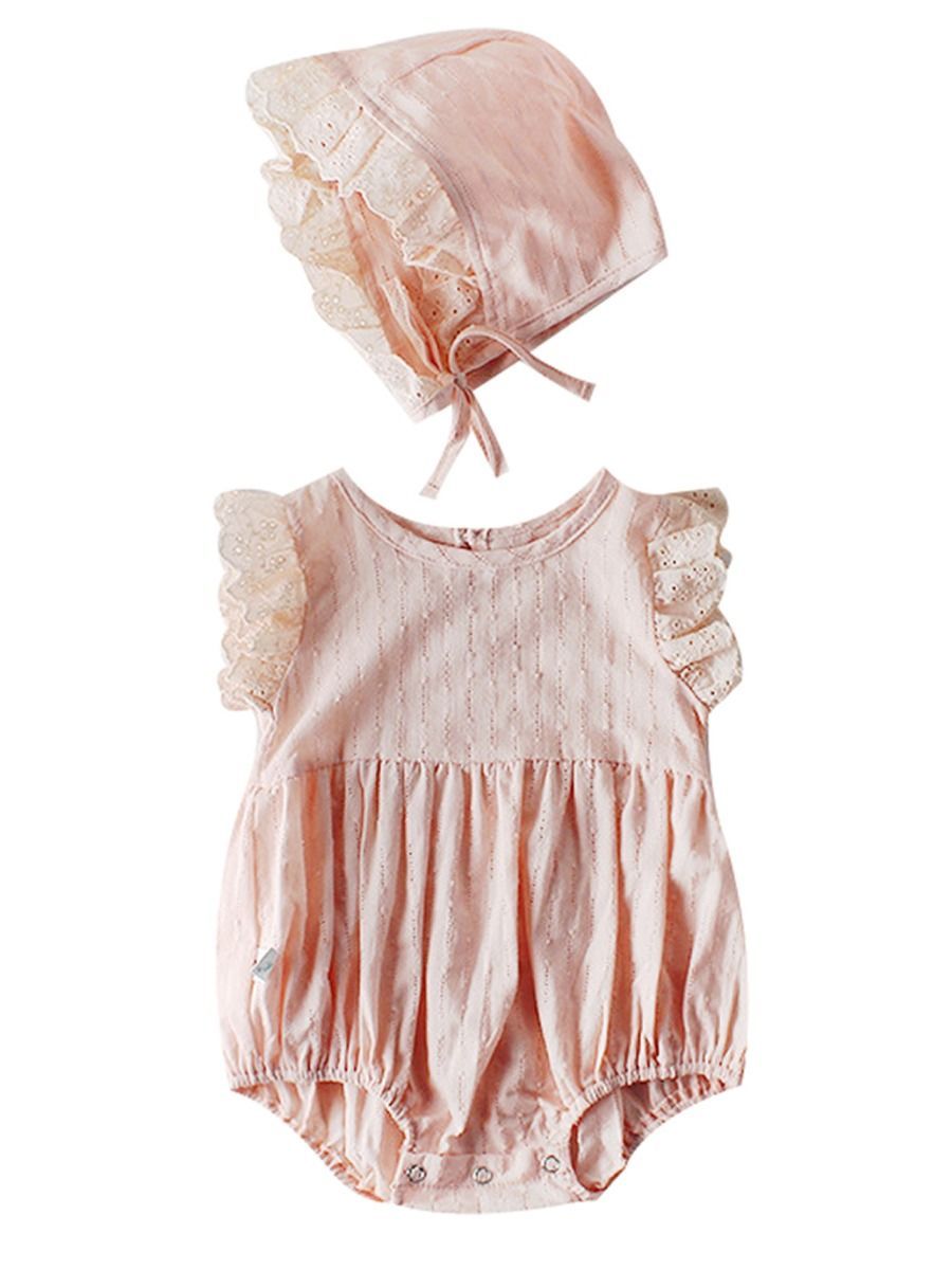 Spanish Style Short Flutter Sleeved Solid Color Baby Romper with Frilled Hat Pink/White - dianjiang-