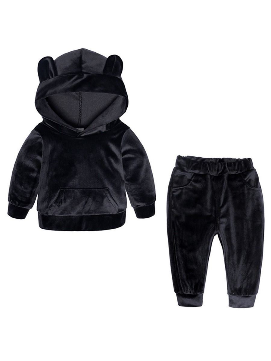 4 Colors Unisex Spring Indoor Bear Ear Style Velvet  2-Piece Clothes Outfits Hoodie and Pants - dianjiang-