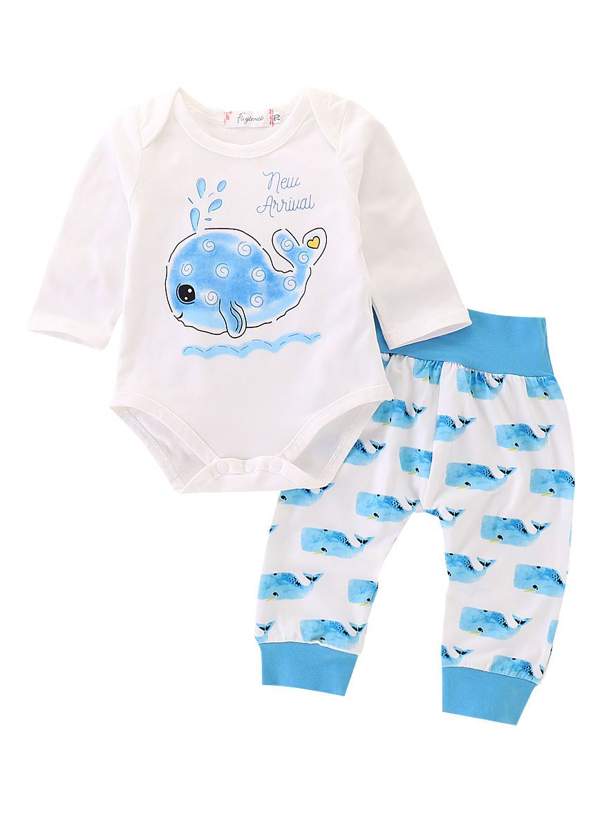 Spring Autumn 2-piece Cute Infant Dolphin Bodysuit & Pants Outfit - dianjiang-