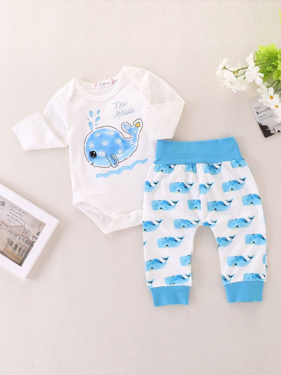 Spring Autumn 2-piece Cute Infant Dolphin Bodysuit & Pants Outfit - dianjiang-