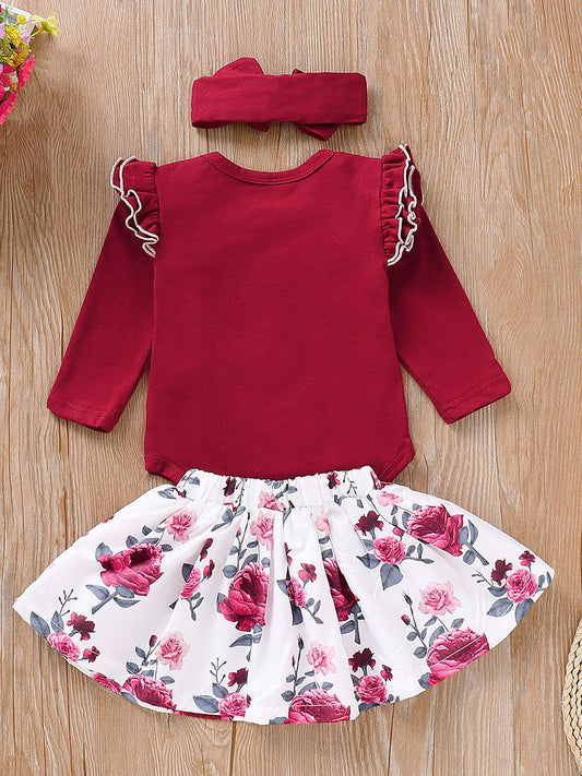 3-Piece Outfits Long Flutter Sleeve Bodysuit+Flower Skirt+Red Bow Headband Spring Baby Girl Clothes - dianjiang-