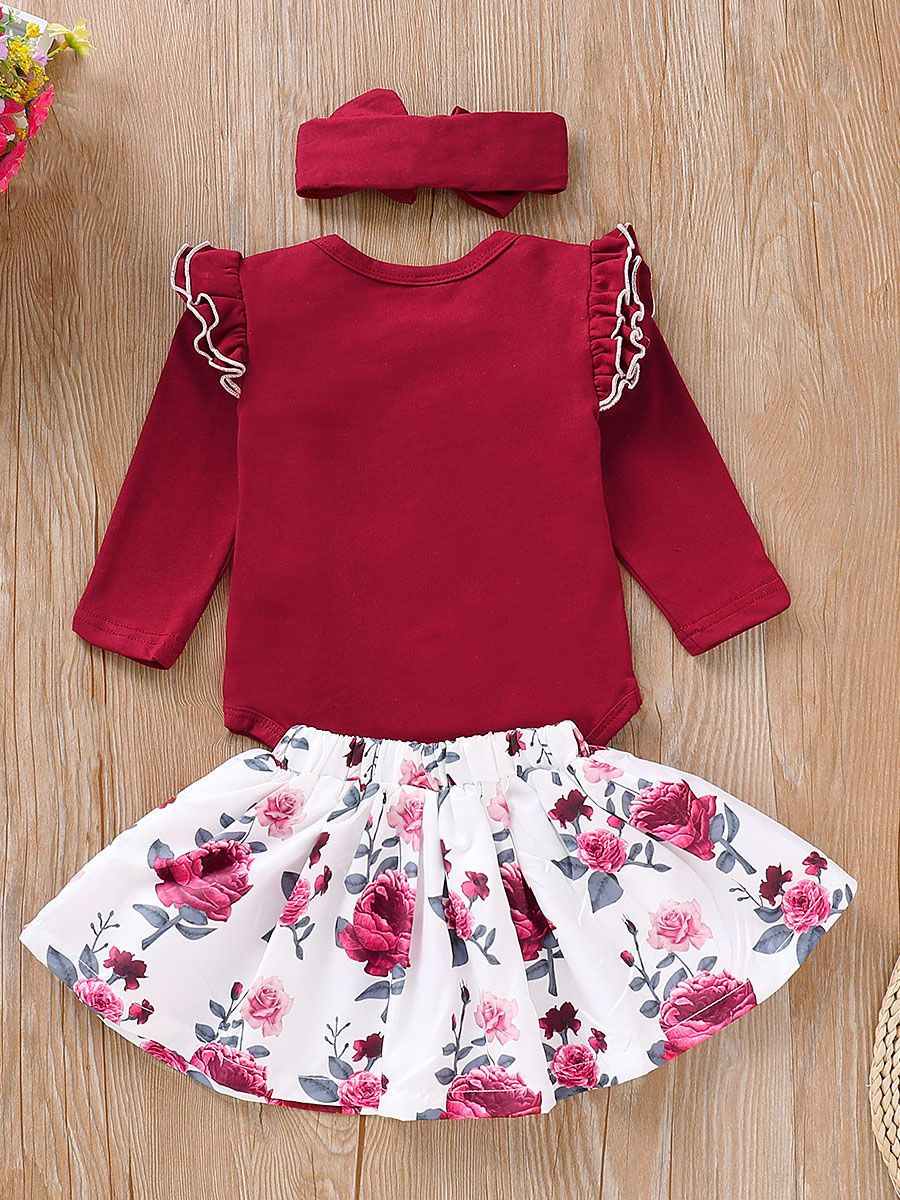 3-Piece Outfits Long Flutter Sleeve Bodysuit+Flower Skirt+Red Bow Headband Spring Baby Girl Clothes - dianjiang-