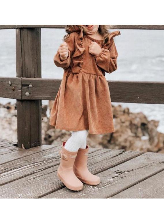Spring Baby Toddler Girl Solid Color Flutter Corduroy Dress - dianjiang-