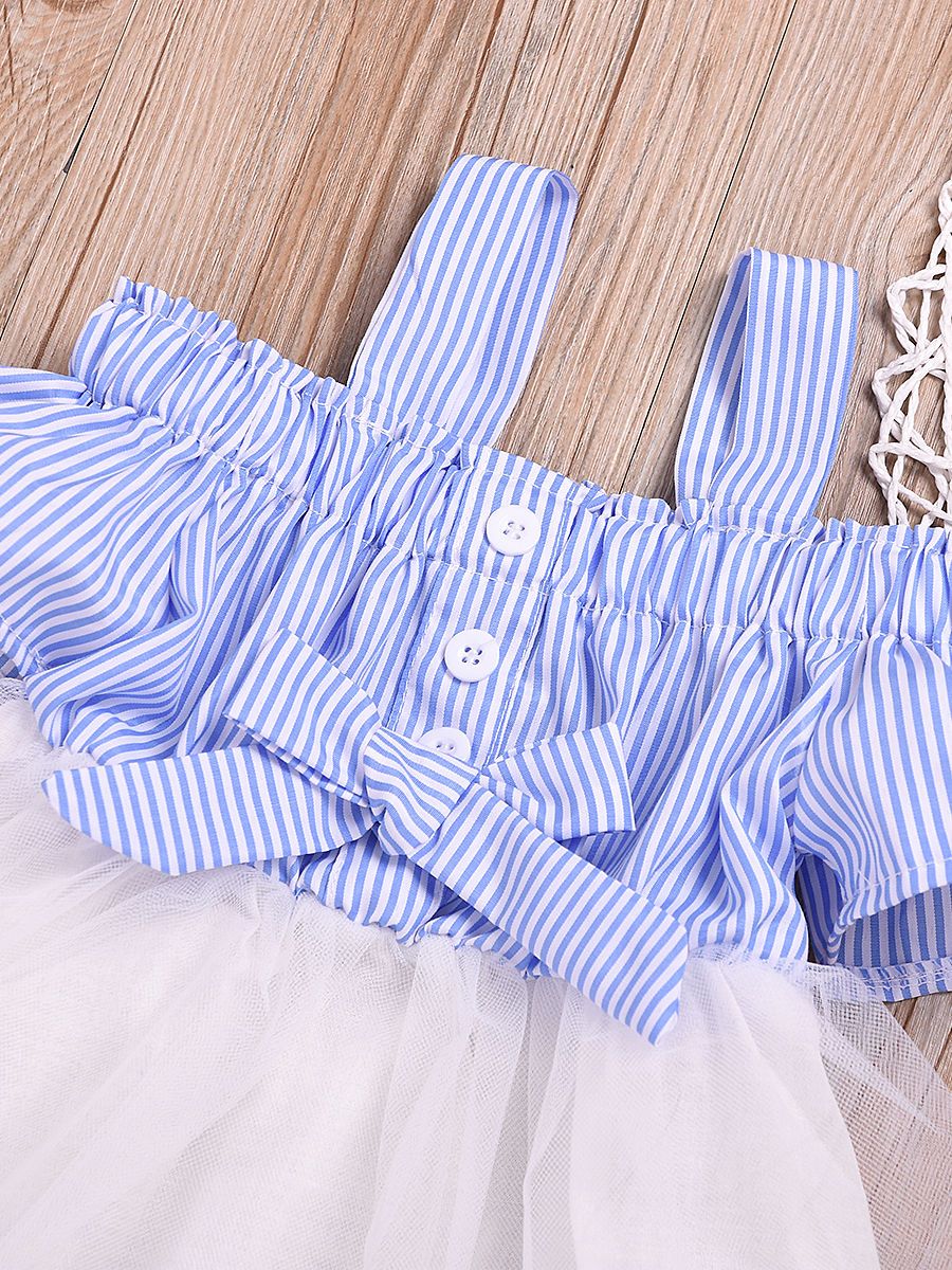 Stylish Stripe Dress White Mesh Patchwork Suspender Skirt for Baby Little Girl - dianjiang-