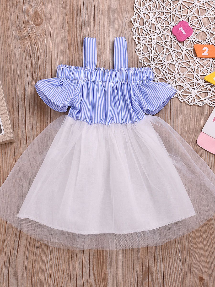 Stylish Stripe Dress White Mesh Patchwork Suspender Skirt for Baby Little Girl - dianjiang-