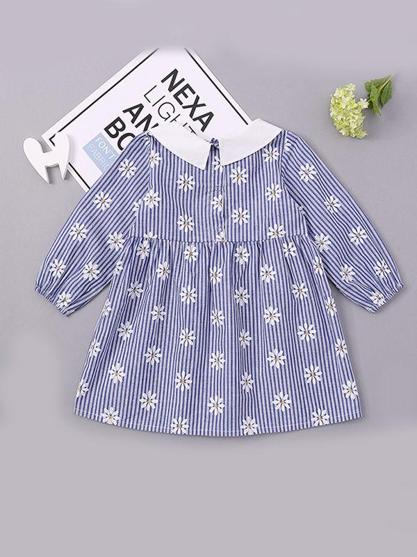 Striped Flowers Dress Daisy Print Long-sleeve Clothes for Baby Toddler Girls - dianjiang-