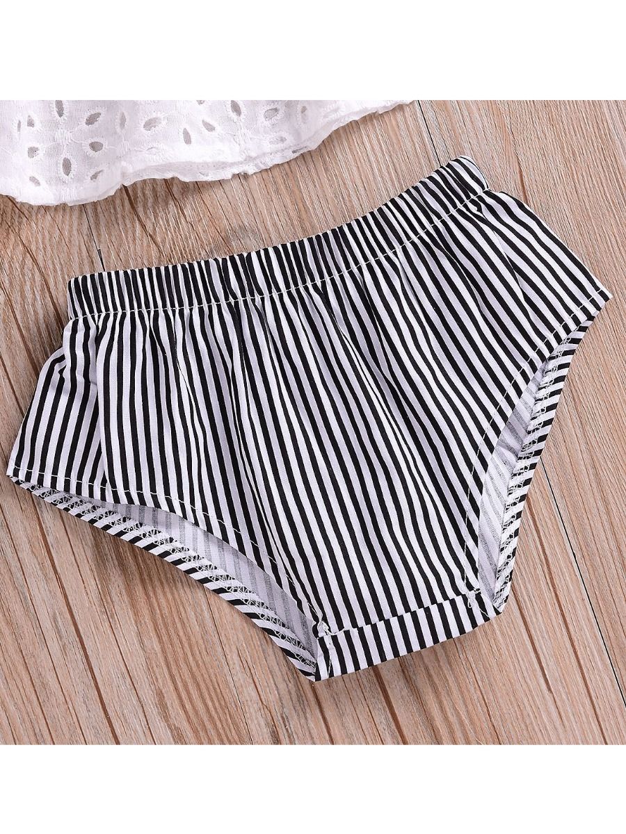 Infant Girl Clothes Outfits Set White Hollow Out Blouse+Striped Panties+Headband - dianjiang-