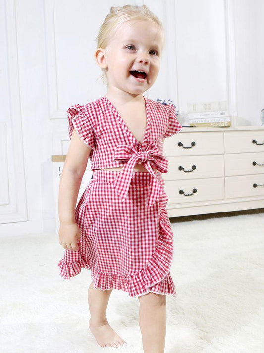 Stylish 2-piece Set Toddler Baby Girl Checked Tops+Skirt - dianjiang-