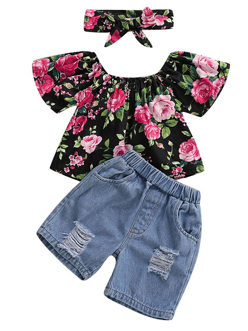 Stylish Baby Little Girl 3-Piece Summer Clothes Set Flower Top + Ripped Short Jeans+Headband - dianjiang-