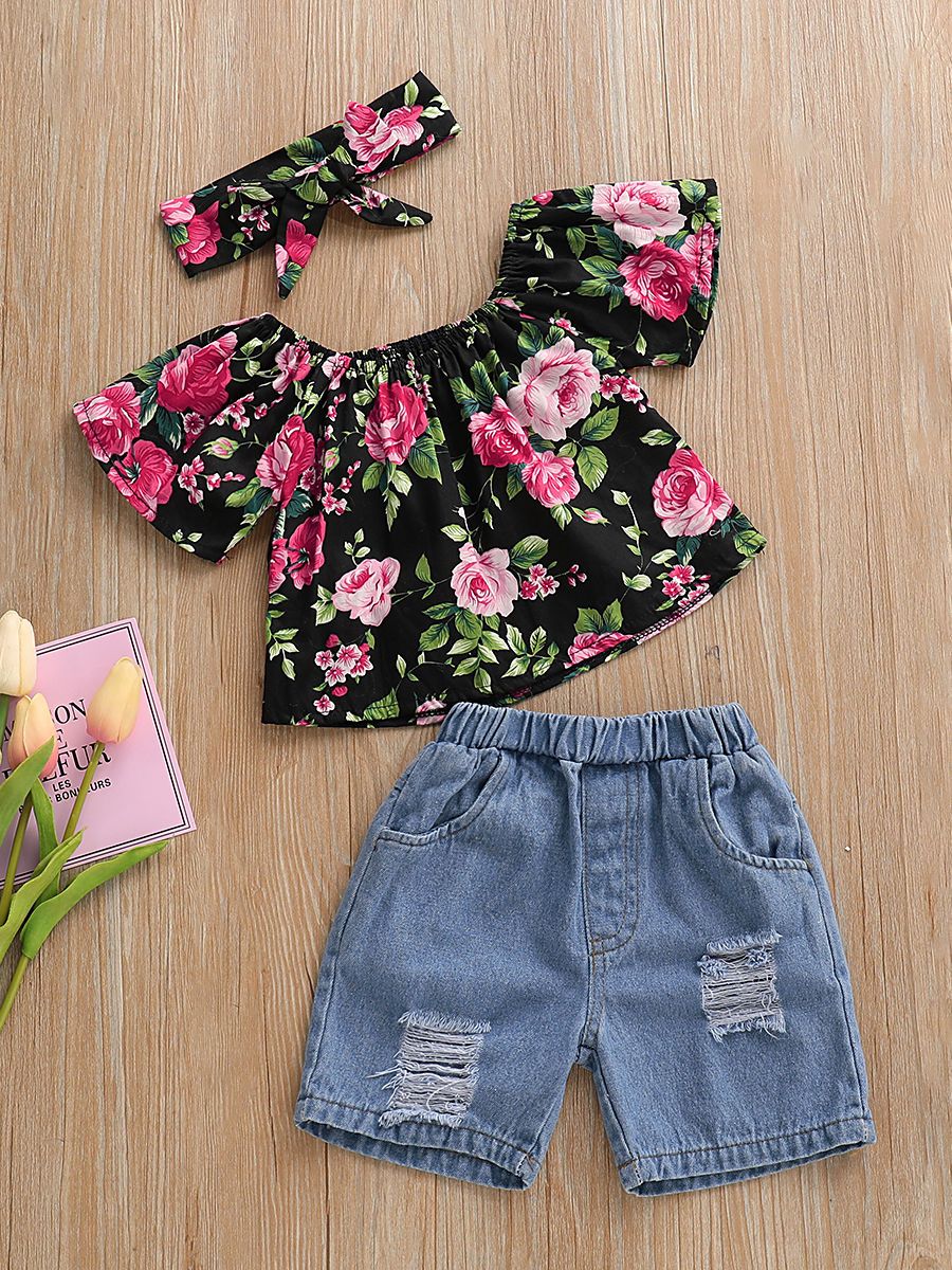 Stylish Baby Little Girl 3-Piece Summer Clothes Set Flower Top + Ripped Short Jeans+Headband - dianjiang-