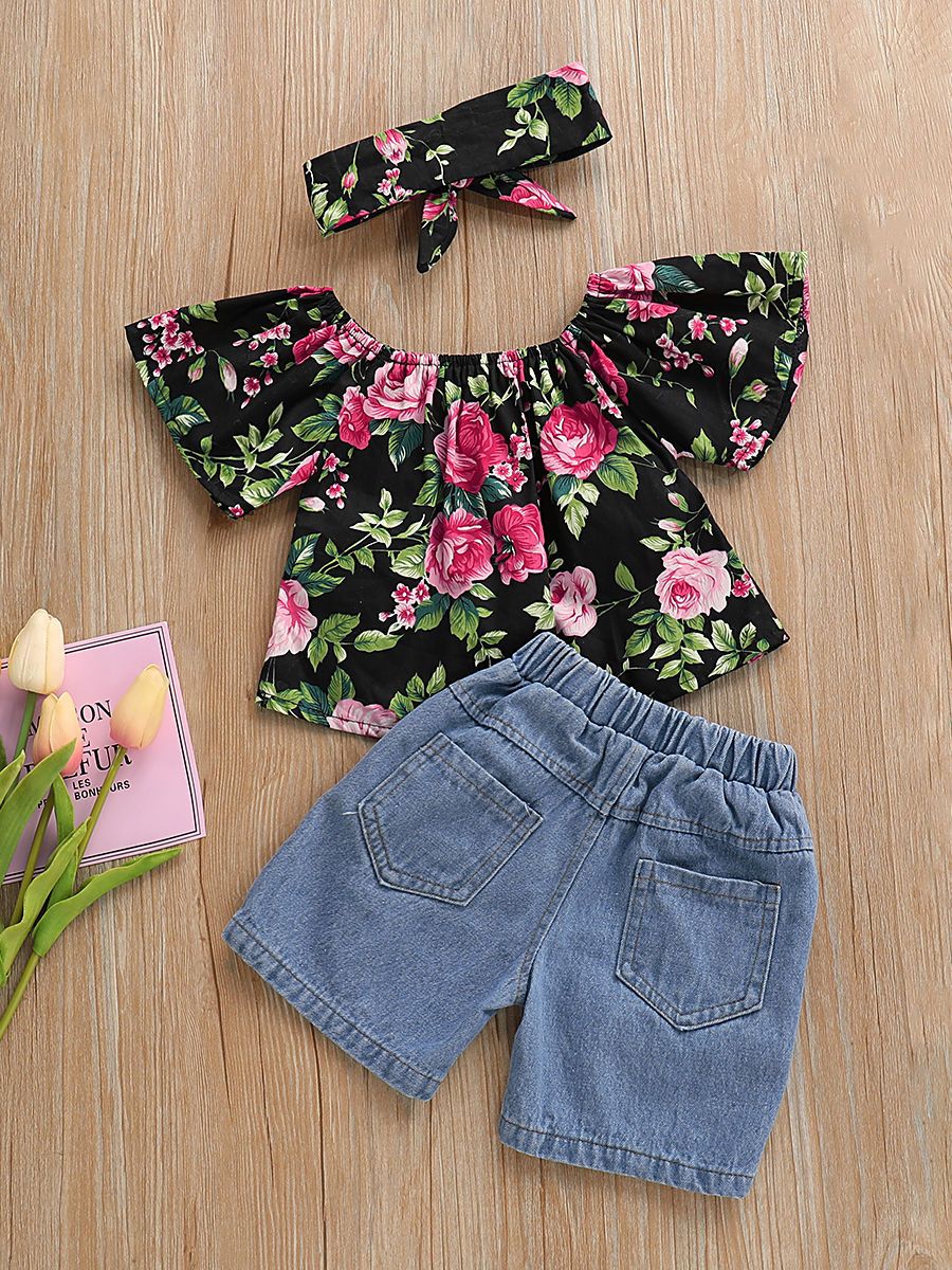Stylish Baby Little Girl 3-Piece Summer Clothes Set Flower Top + Ripped Short Jeans+Headband - dianjiang-