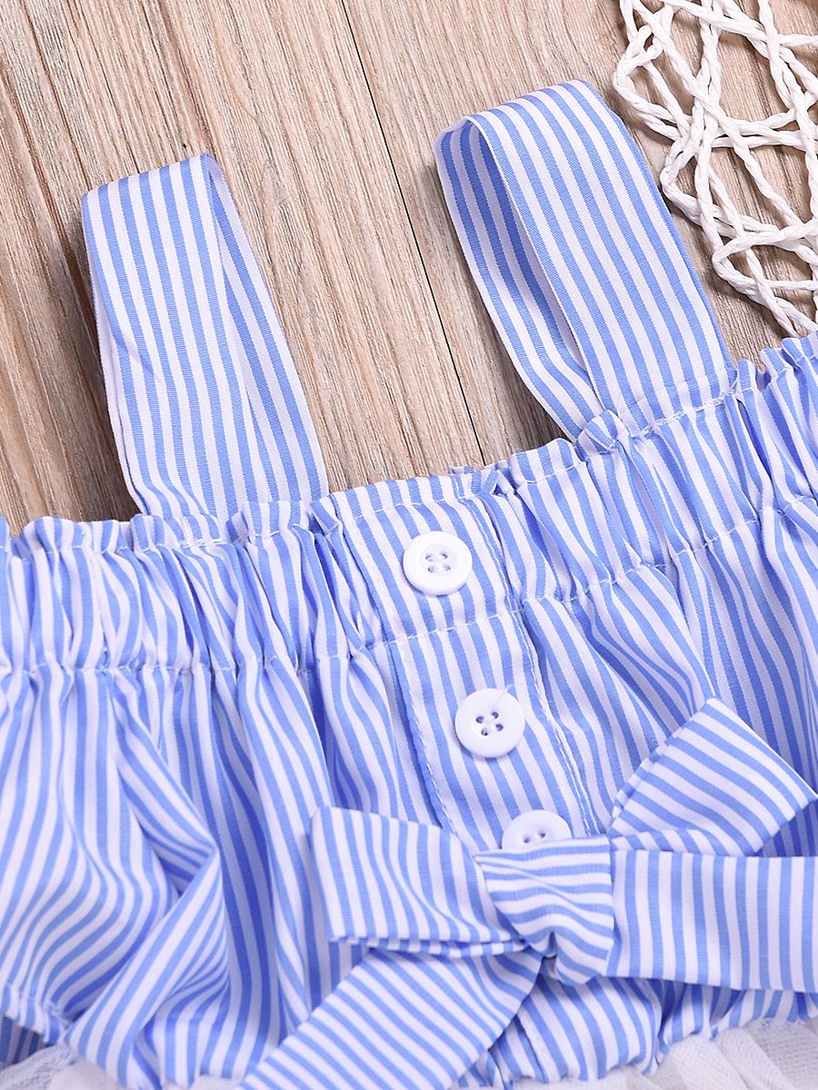 Stylish Stripe Dress White Mesh Patchwork Suspender Skirt for Baby Little Girl - dianjiang-