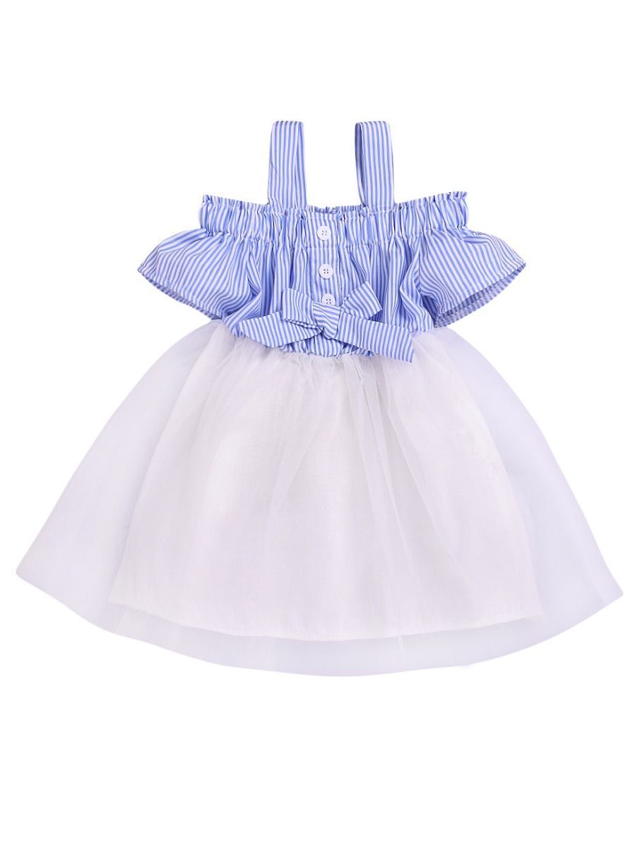 Stylish Stripe Dress White Mesh Patchwork Suspender Skirt for Baby Little Girl - dianjiang-