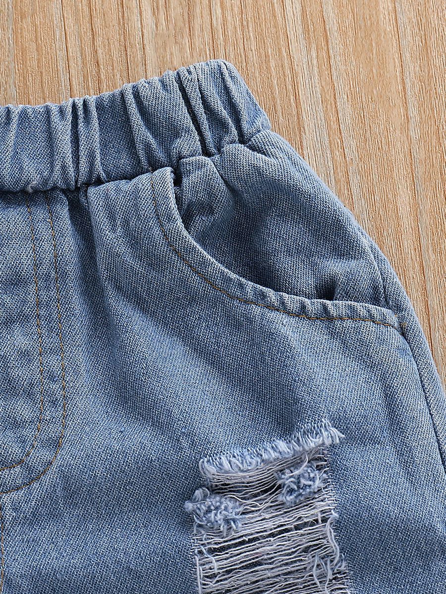 Stylish Baby Little Girl 3-Piece Summer Clothes Set Flower Top + Ripped Short Jeans+Headband - dianjiang-