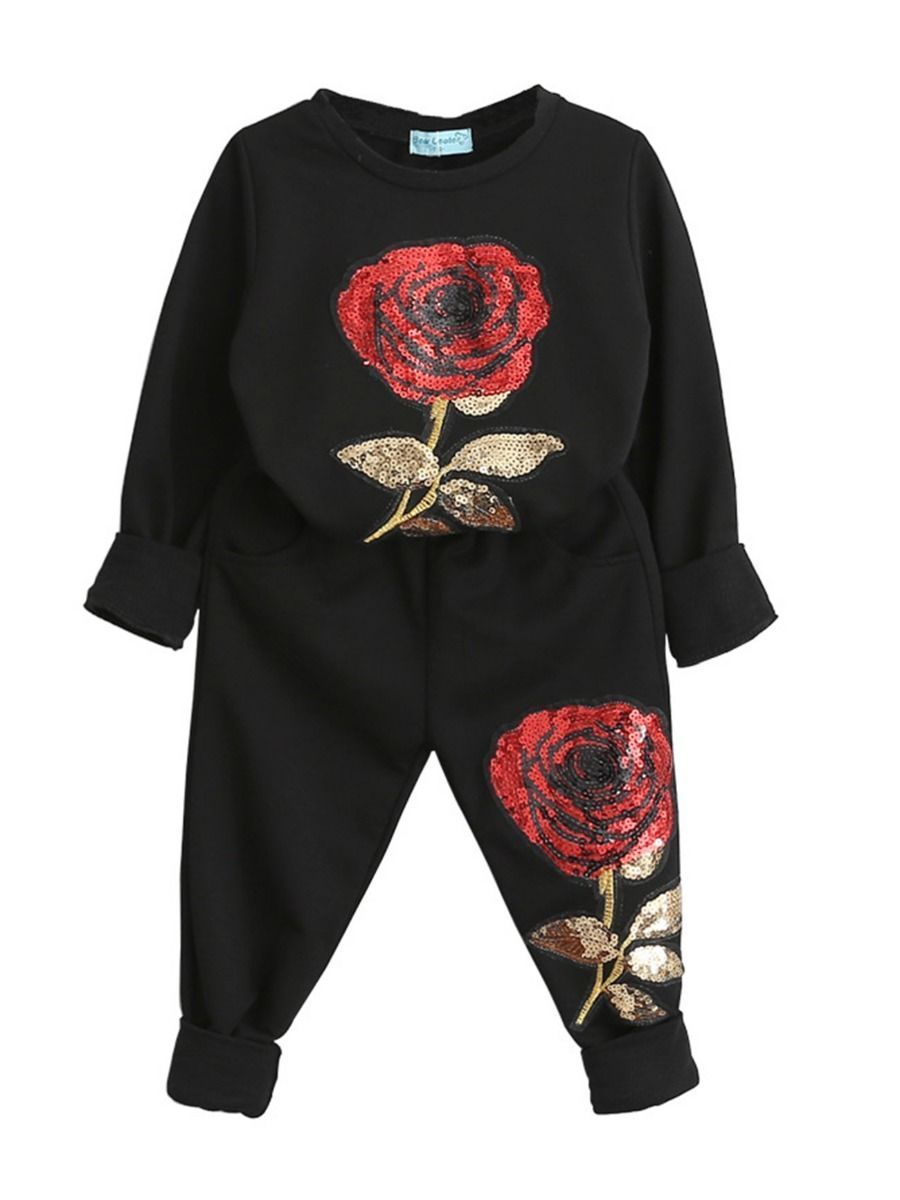 Stylish Girl 2-Piece Rose Sequins Pullover + Pants - dianjiang-