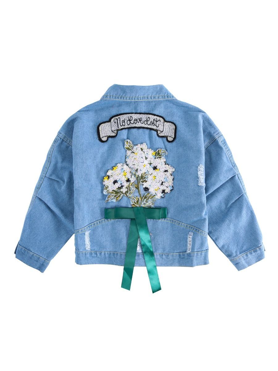 Stylish Toddler Big Girl Flower Bow Trim Denim Jacket - dianjiang-