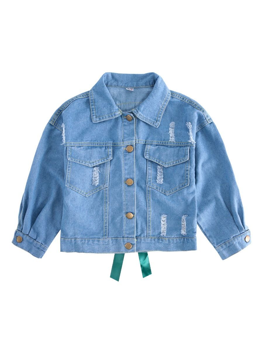 Stylish Toddler Big Girl Flower Bow Trim Denim Jacket - dianjiang-