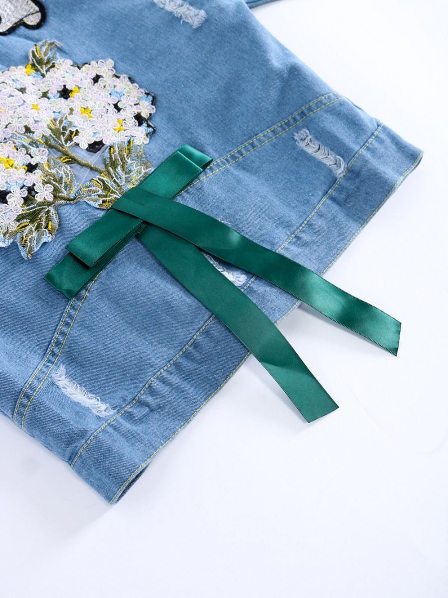 Stylish Toddler Big Girl Flower Bow Trim Denim Jacket - dianjiang-