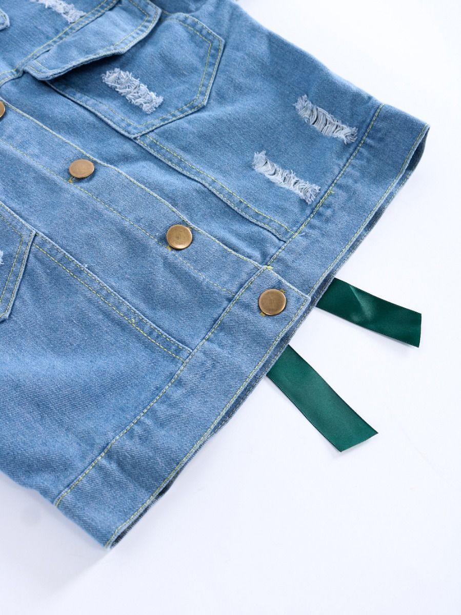 Stylish Toddler Big Girl Flower Bow Trim Denim Jacket - dianjiang-