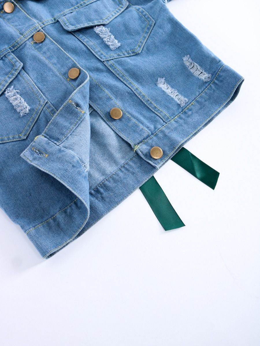 Stylish Toddler Big Girl Flower Bow Trim Denim Jacket - dianjiang-