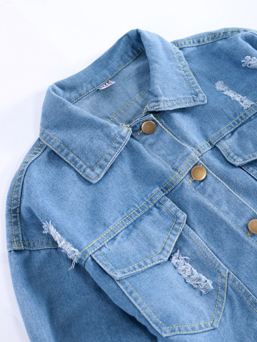 Stylish Toddler Big Girl Flower Bow Trim Denim Jacket - dianjiang-