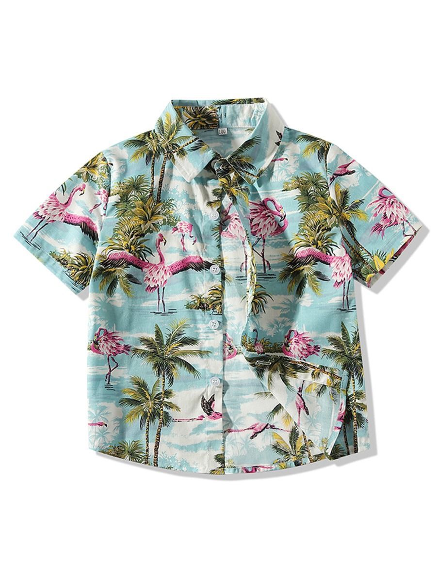 Stylish Toddler Little Boy Coconut Tree Flamingo Turn Down Collar Shirt - dianjiang-