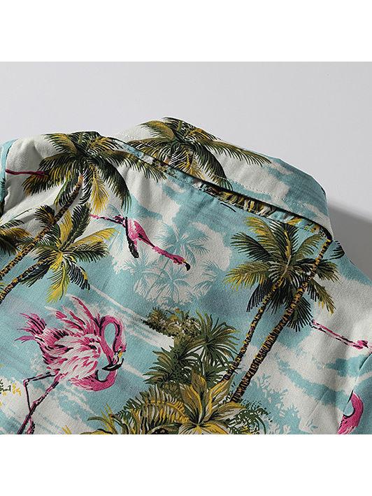Stylish Toddler Little Boy Coconut Tree Flamingo Turn Down Collar Shirt - dianjiang-