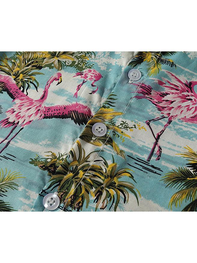 Stylish Toddler Little Boy Coconut Tree Flamingo Turn Down Collar Shirt - dianjiang-