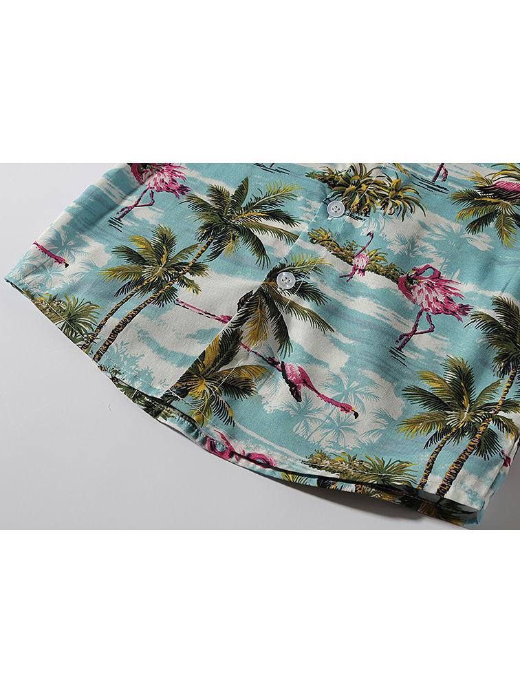 Stylish Toddler Little Boy Coconut Tree Flamingo Turn Down Collar Shirt - dianjiang-