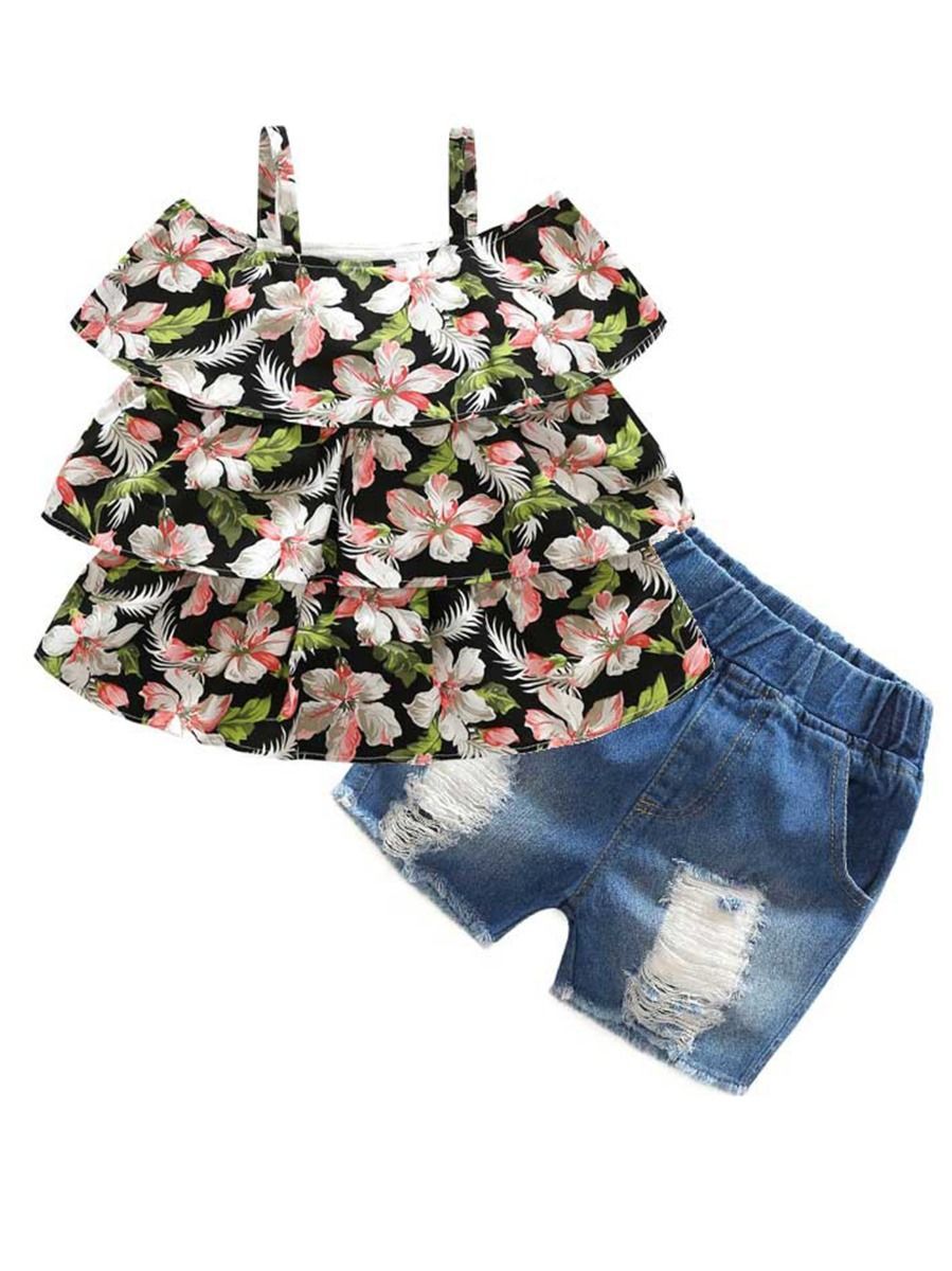 Summer 2-Piece Outfit Flower Suspender Top + Ripped Fringed-hem Shorts For Little Big Girl - dianjiang-