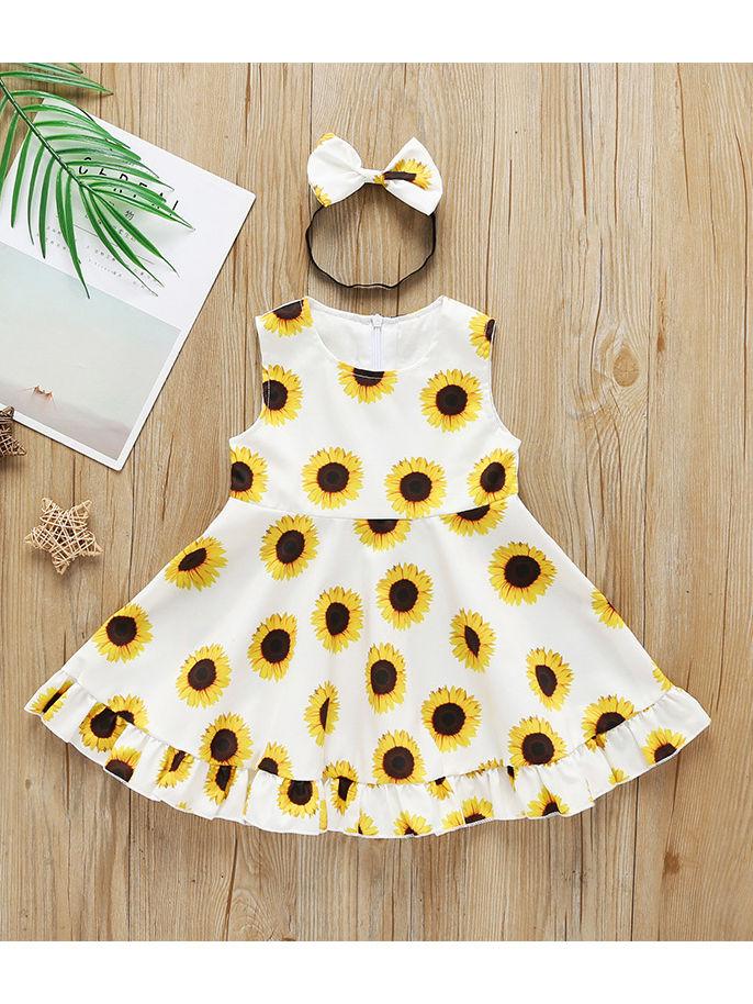 Summer 2-Piece Outfit Sunflower Sleeveless Dress Matching Headband - dianjiang-