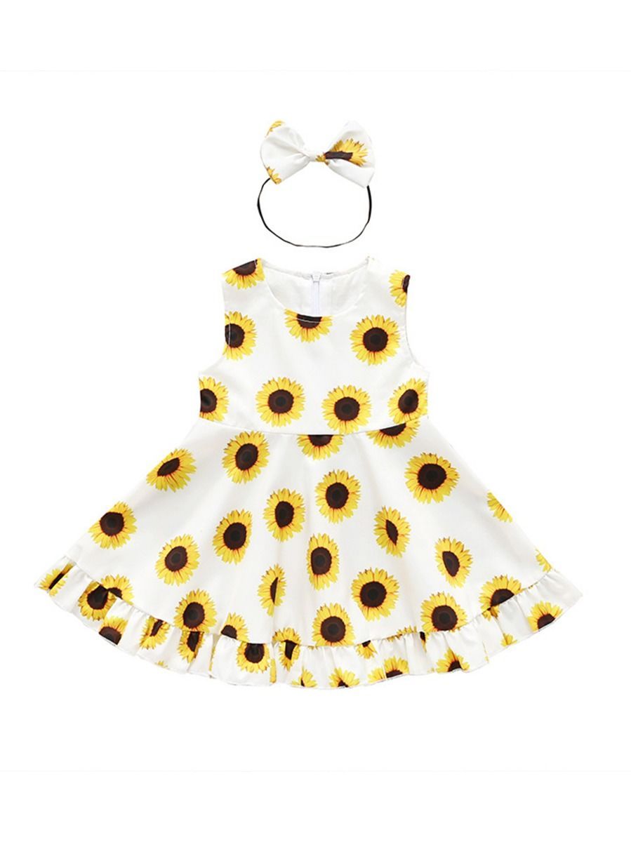 Summer 2-Piece Outfit Sunflower Sleeveless Dress Matching Headband - dianjiang-