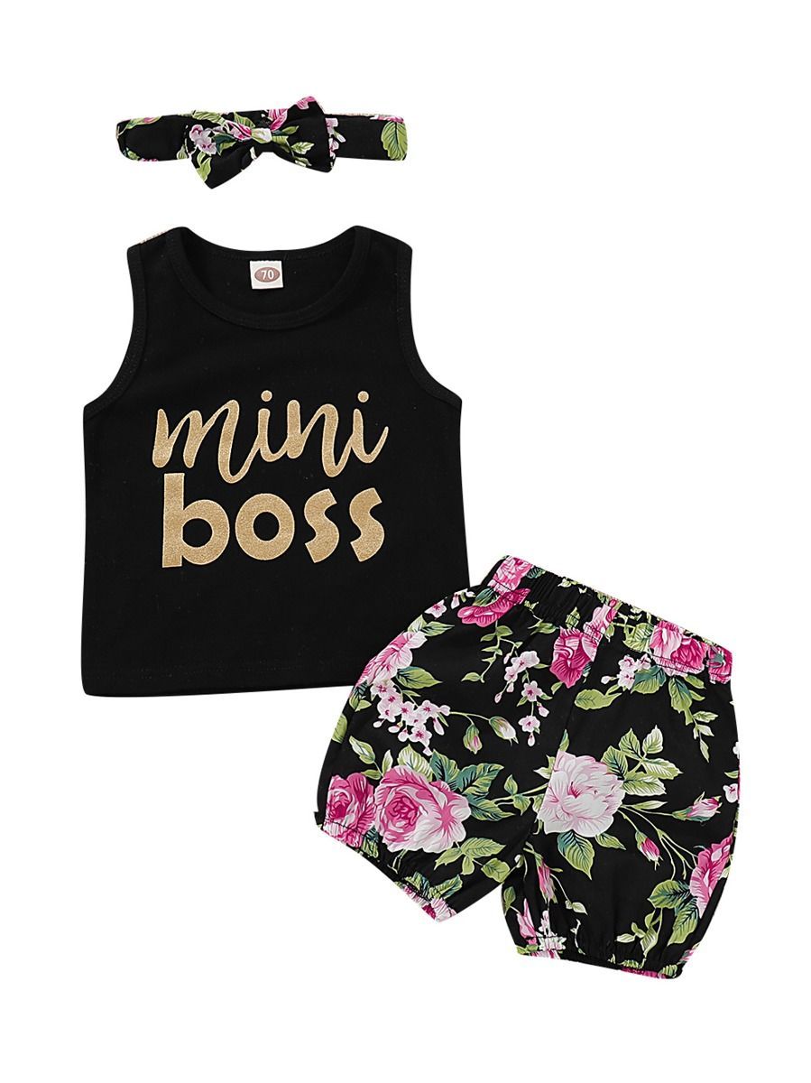 Summer Baby Girls 3-Piece Outfits Tank Top+Flower Shorts+Headband - dianjiang-