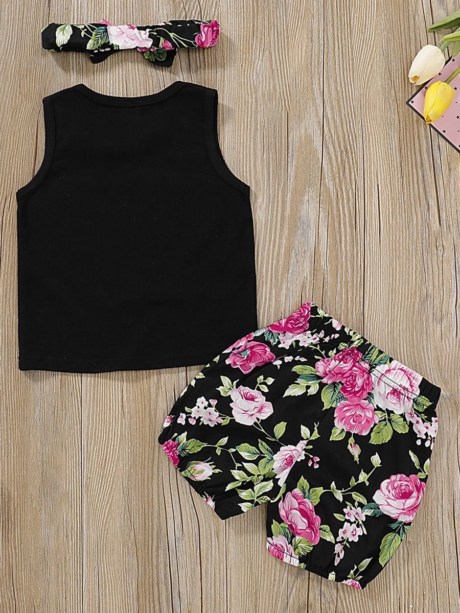 Summer Baby Girls 3-Piece Outfits Tank Top+Flower Shorts+Headband - dianjiang-