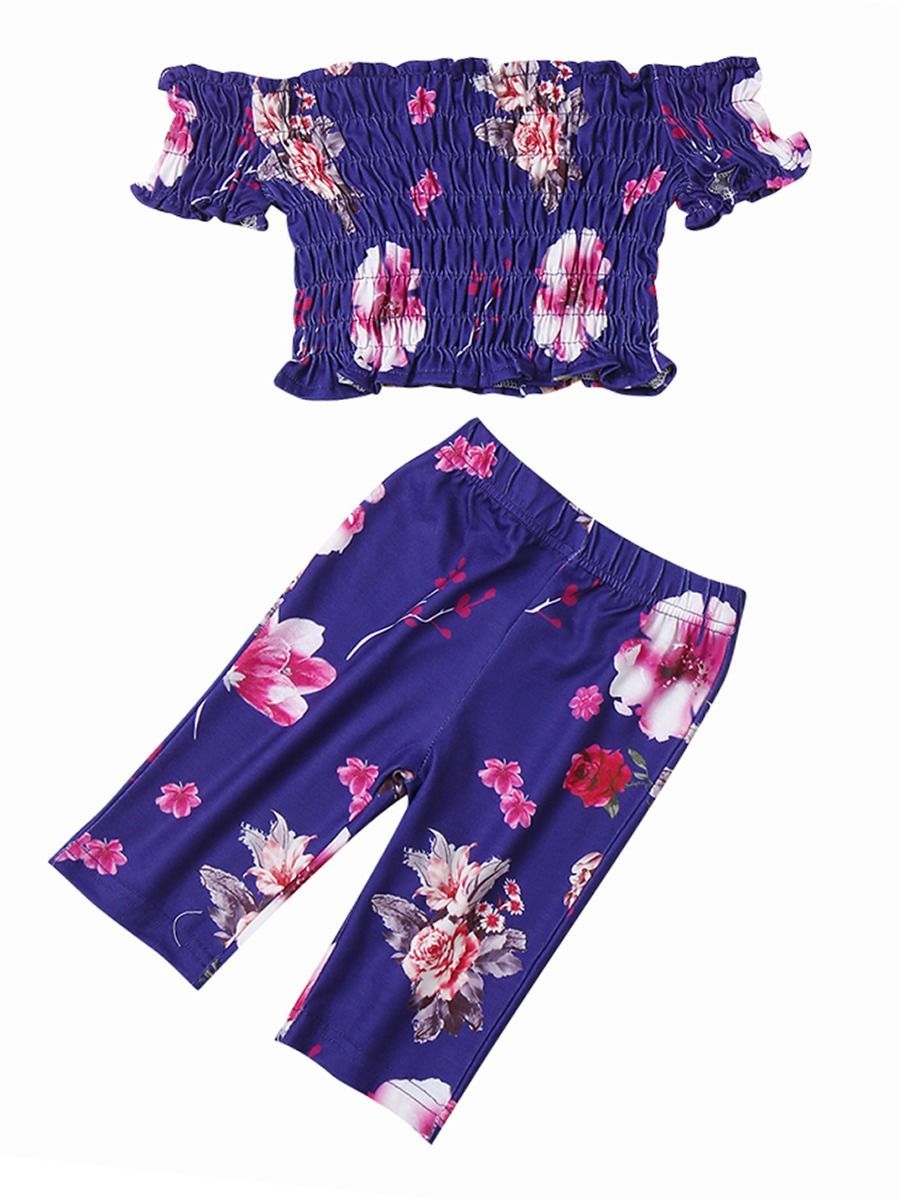 2-Piece Outfits Summer Baby Girl Flower Clothes Off Shoulder Top+Trousers - dianjiang-