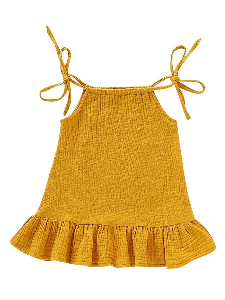 Summer Baby Little Girl Solid Color Tie Muslin Ruffle Short Dress/Top - dianjiang-