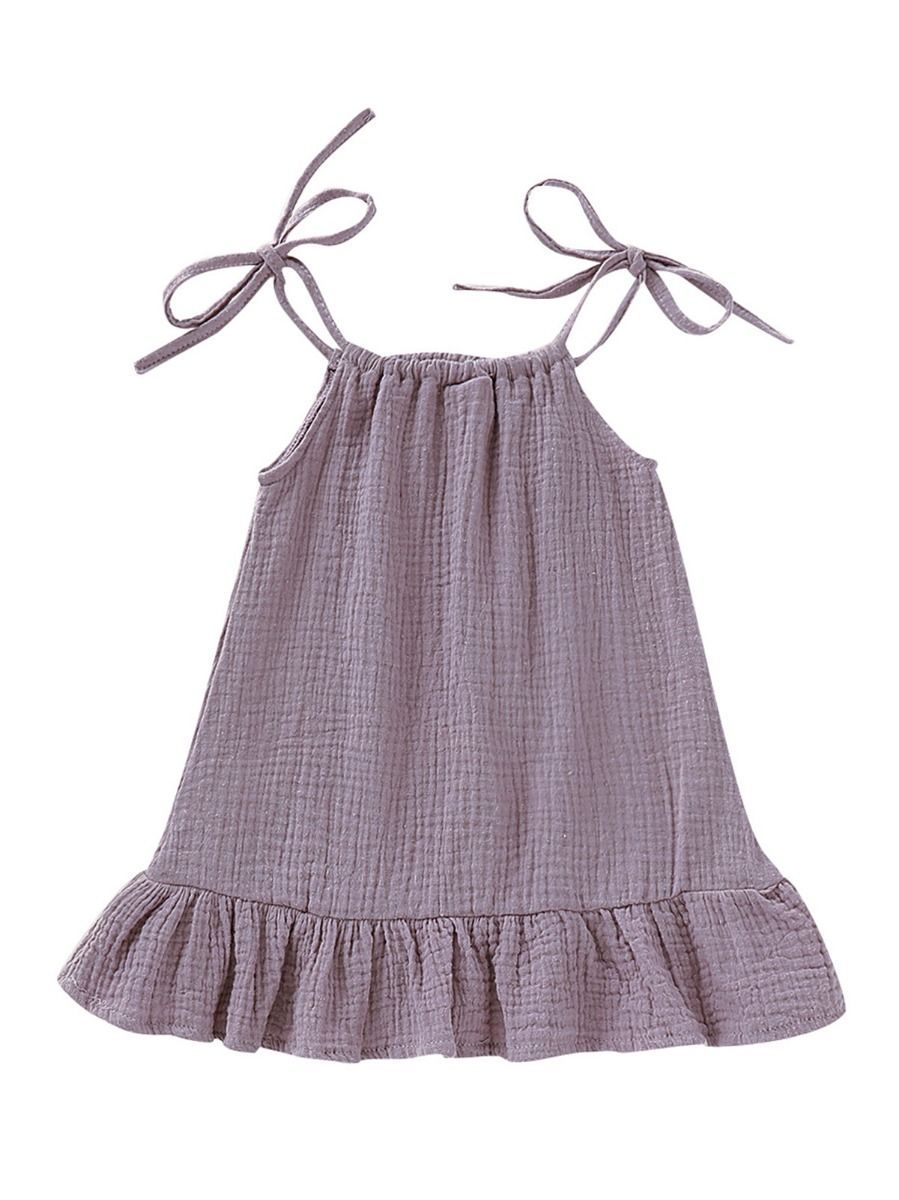 Summer Baby Little Girl Solid Color Tie Muslin Ruffle Short Dress/Top - dianjiang-