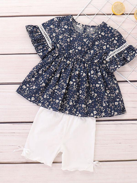 Summer Baby Toddler Girl Outfits Floral Flare Sleeve Tunic+White Shorts - dianjiang-