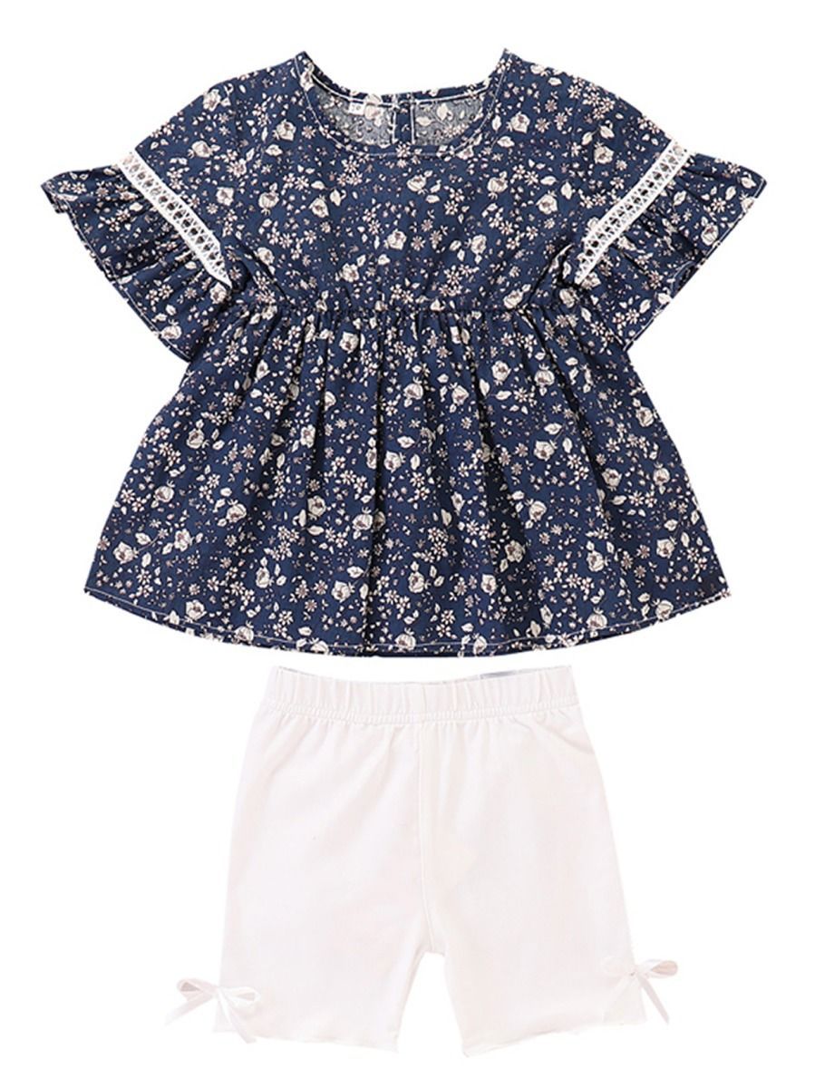 Summer Baby Toddler Girl Outfits Floral Flare Sleeve Tunic+White Shorts - dianjiang-