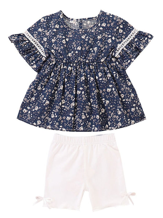 Summer Baby Toddler Girl Outfits Floral Flare Sleeve Tunic+White Shorts - dianjiang-