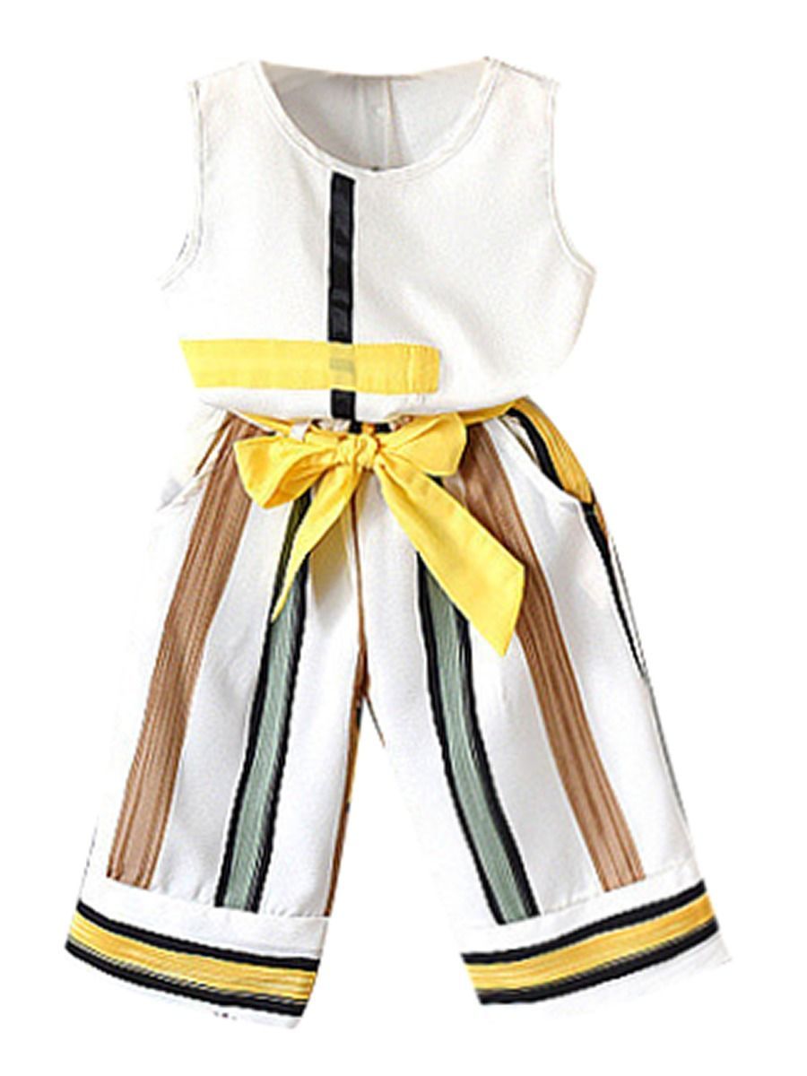 Kids Clothes Outfits Tank Top+Bow Stripe Pants 2-Piece Style - dianjiang-