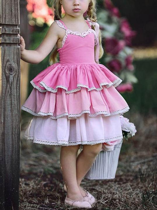 Summer Pierced Lace Suspender One-Piece Layered Dress - dianjiang-