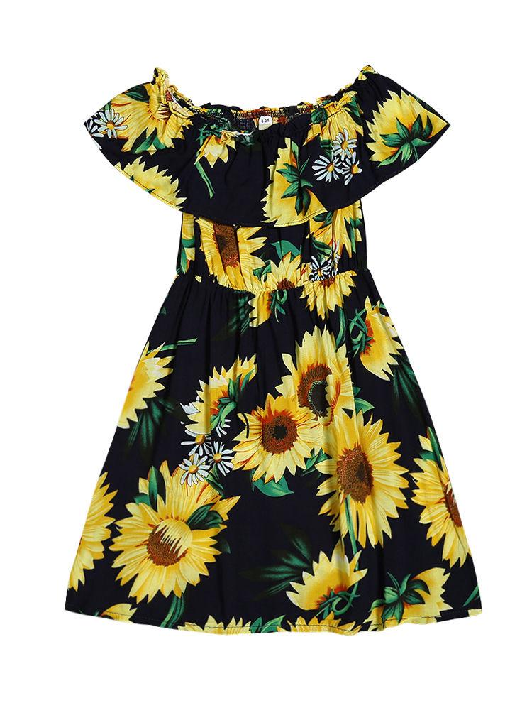 Mommy And Me Family Fitted Style Summer Sunflower Off Shoulder Dress - dianjiang-